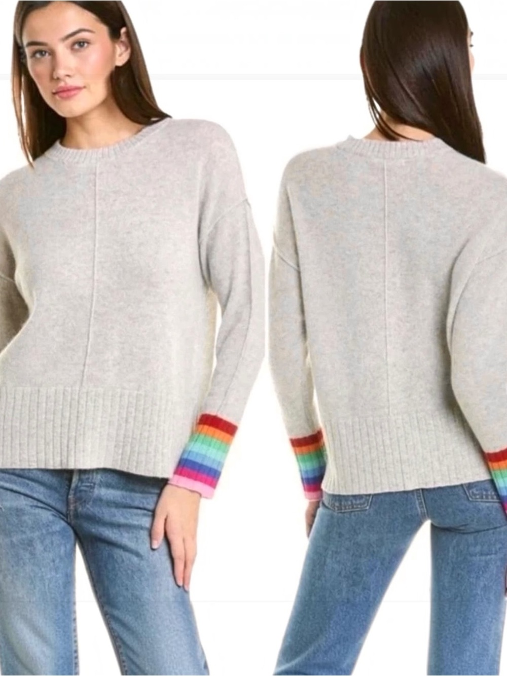 Alashan 100% Cashmere Gray Rainbow Stripe Cuff Crewneck Sweater Sz S Cozy Chic